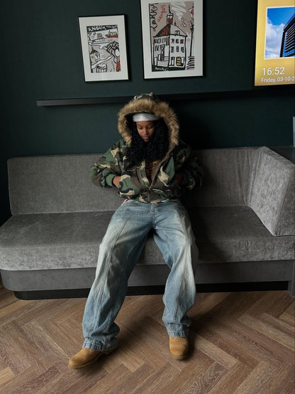 Camouflage Fur Collar Reversible Cotton Jacket